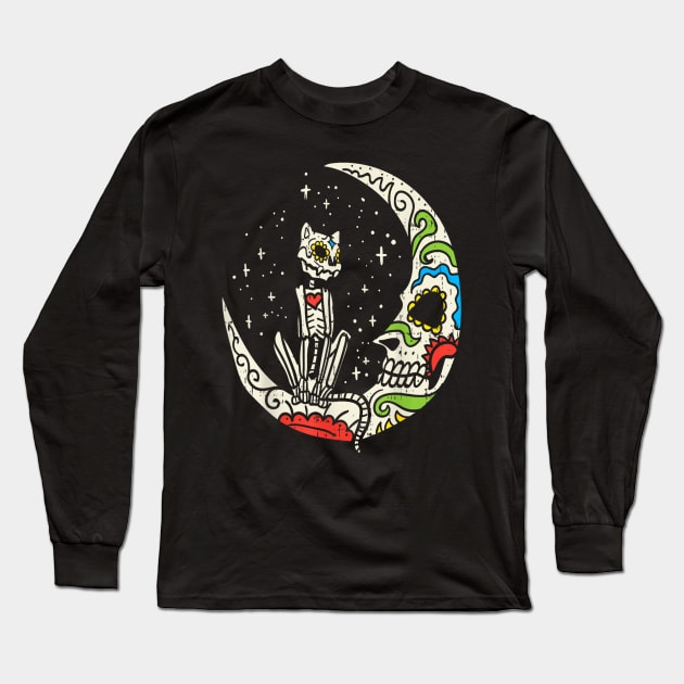 Sugar Skull Moon Cat Mexican Day of Dead Dia De Los Muertos Long Sleeve T-Shirt by rhazi mode plagget